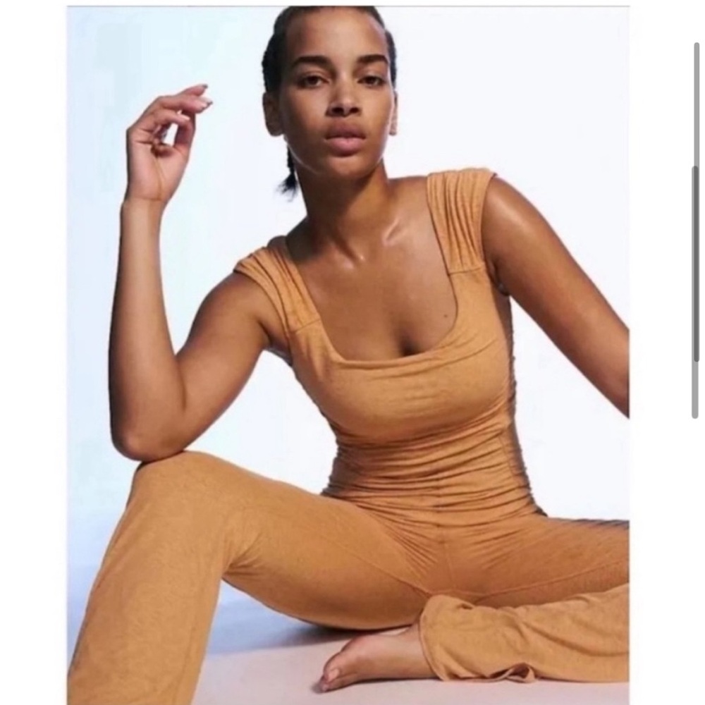 Free People Pirouette One-Piece Ruched Flared Onesie Jumpsuit size Medium